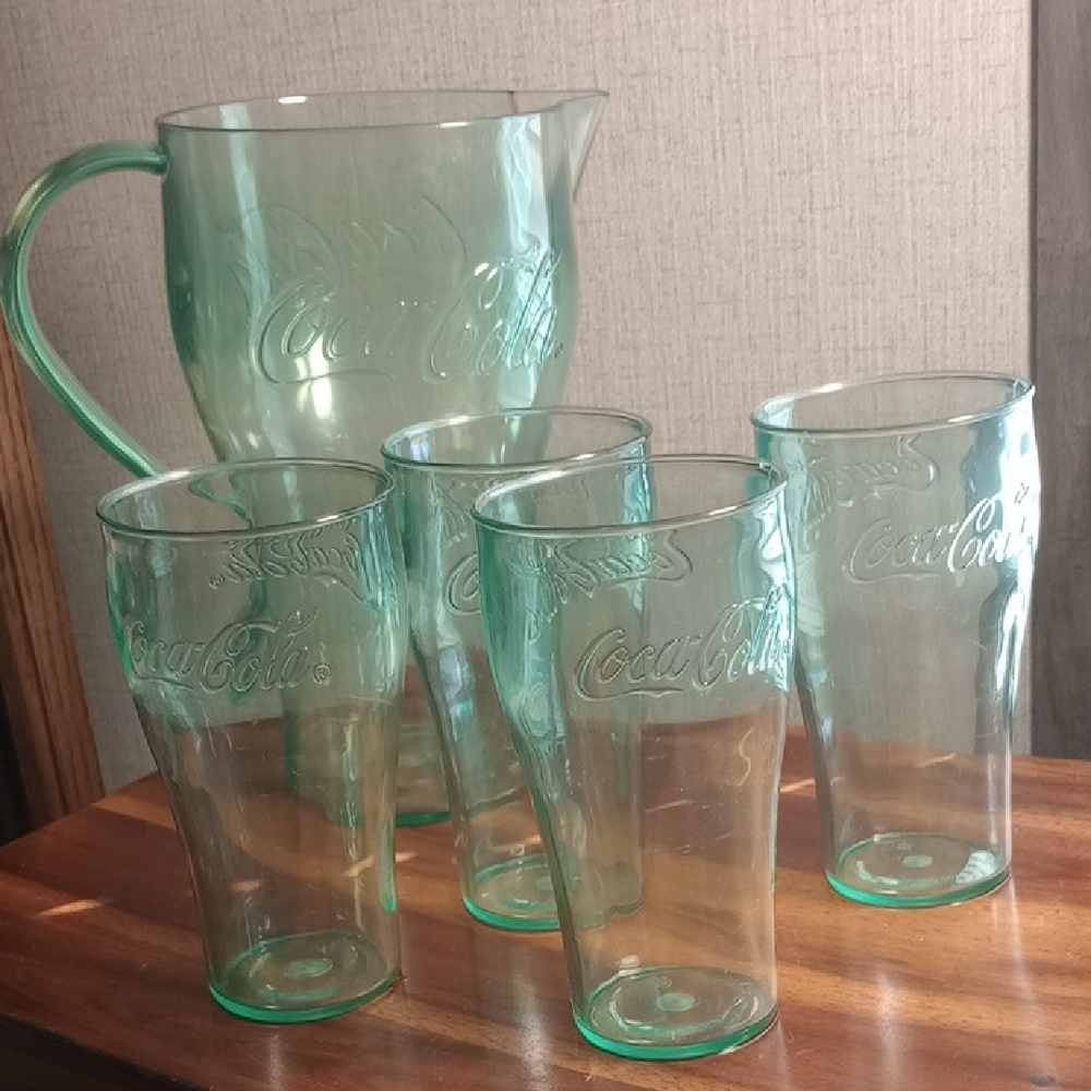 Coca Cola Drinkware Set Plastic Pitcher Glasses Green Collectible Set